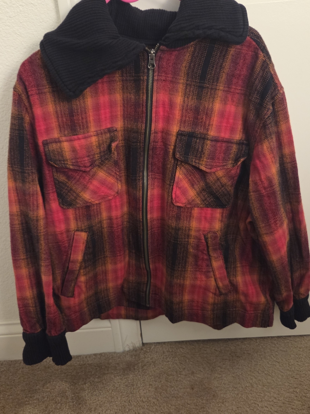 bp Red and Orange Plaid Zip-Front Shirt Jacket